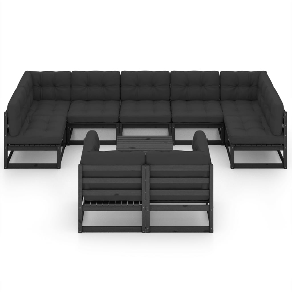 10-tlg. Garten-Lounge-Set mit Kissen Schwarz Kiefer Massivholz